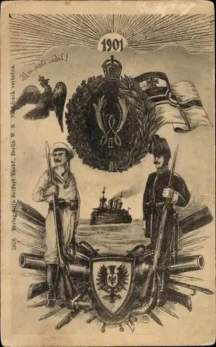 Ak Fröhliches Neujahr 1901, Kriegsschiff, Waffenbrüder, Seemann, Soldat, Kaiserliche Marine