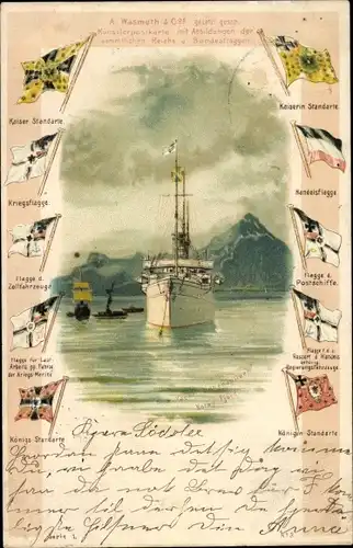 Künstler Litho Deutsches Kriegsschiff, SMS Hohenzollern, Flaggen, Standarten, Kaiserliche Marine