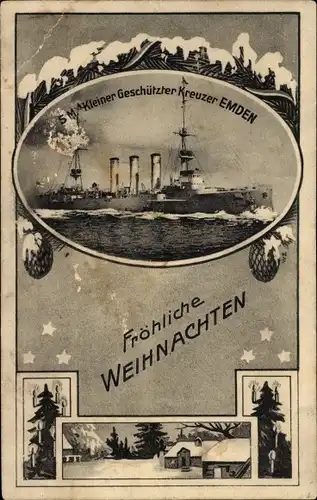 Passepartout Ak Deutsches Kriegsschiff, SMS Emden, Kleiner geschützter Kreuzer, Weihnachten