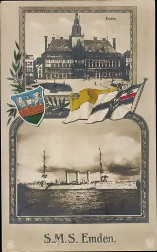 Passepartout Ak Deutsches Kriegsschiff, SMS Emden, Rathaus Emden, Wappen, Flaggen, NPG, GLK