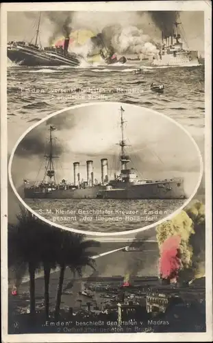 Ak Deutsches Kriegsschiff, SMS Emden, Kleiner Kreuzer beschießt Madras, Kaiserliche Marine