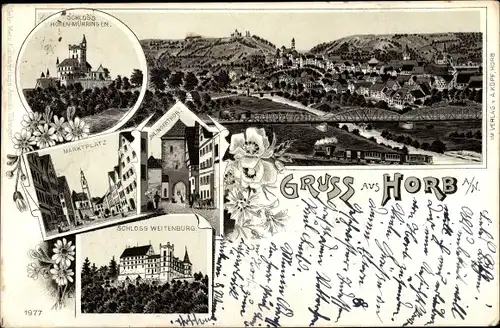 Litho Horb am Neckar, Schloss Hohenmürringen, Marktplatz, Schloss Weitenburg, Ihlingertor