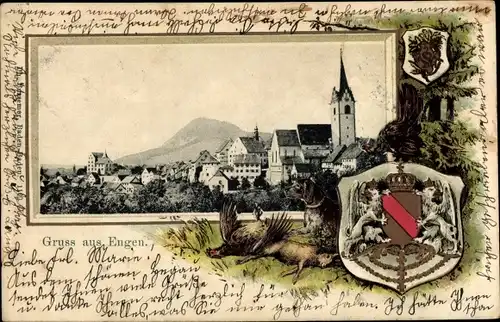 Präge Wappen Passepartout Ak Engen im Hegau Baden, Gesamtansicht, Kirche