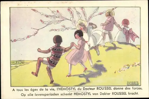 Künstler Ak Reklame Hemostyl, Dr. Roussel, Kinder auf einem Hügel, blühender Baum