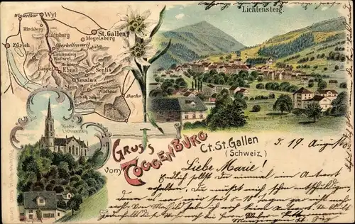 Landkarten Litho Toggenburg Kanton St. Gallen, Lichtensteig, Kirche