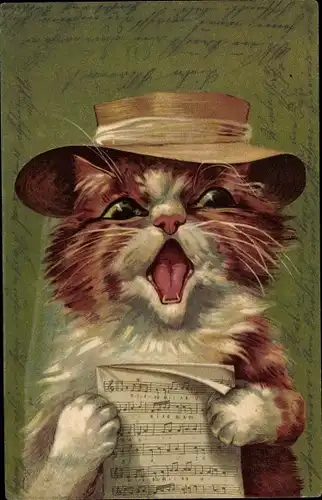 Ak Singende Katze, Vermenschlicht, Notenblatt, Hut