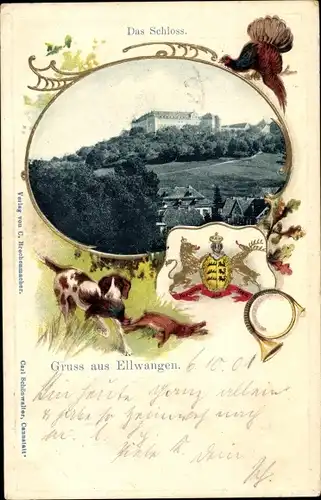 Präge Wappen Passepartout Ak Ellwangen an der Jagst Württemberg, Schloss, Jagdmotiv