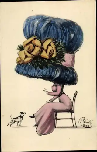 Künstler Ak Hutmode, Frau unter einem riesigen Hut, Hund