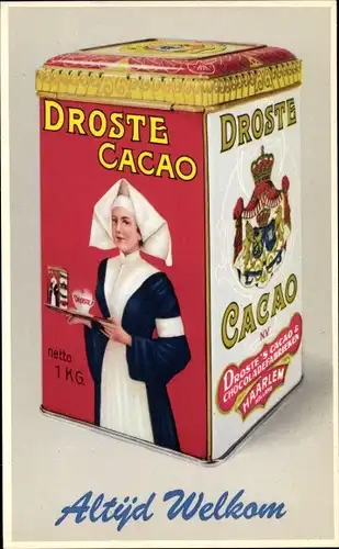 Ak Holländischer Import Kakao von Droste, Niederländerin mit Tablett, Wappen