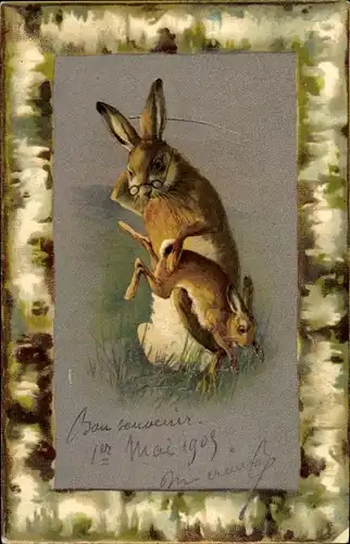 Litho Vermenschlichte Hasen, Hasenvater schlägt Kind mit Rohrstock