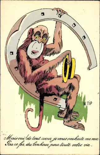 Künstler Ak Tip, W., Affe sitzt auf einem Hufeisen, Porte Bonheur