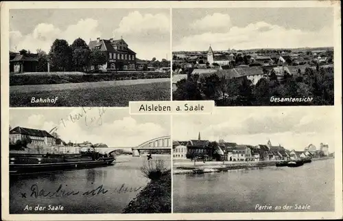 Ak Alsleben an der Saale, Bahnhof, Saale, Gesamtansicht