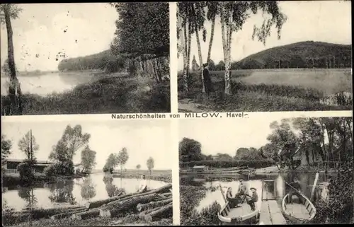 Ak Milow im Havelland, Ruderpartie, Birken, See, Holzbalken