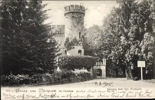 Ak Potsdam in Brandenburg, Eingang zum königlichen Wildpark, Burgturm