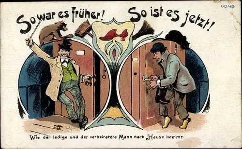 Ak Wie der ledige und der verheiratete Mann nach Hause kommt, Ehehumor