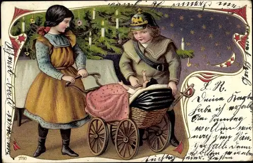 Litho Kinder als Erwachsene, Soldat, Kinderwagen, Tannenbaum, Weihnachten