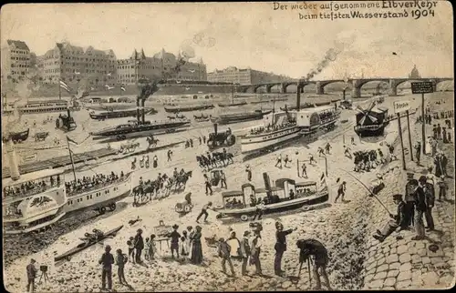 Künstler Ak Dresden Altstadt, Wiederaufnahme des Schiffsverkehrs in der ausgetrockneten Elbe 1904