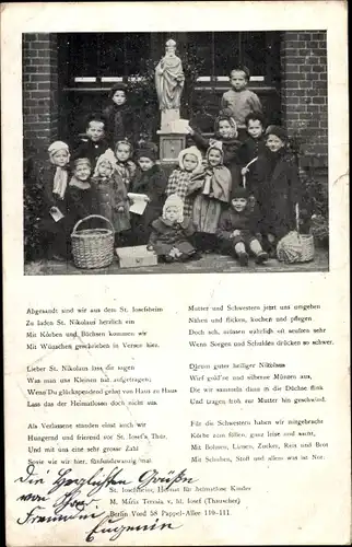 Ak Gruppenbild der Kinder, Denkmal, Gedicht, Abgesandt sind wir aus dem St. Josefsheim...