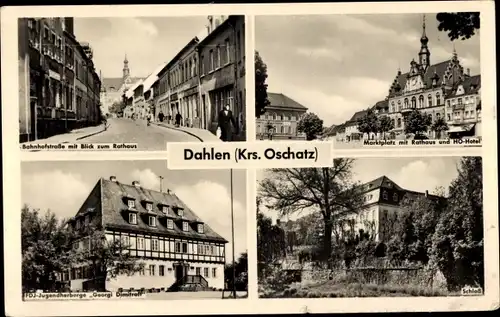 Ak Dahlen in Sachsen, Bahnhofstraße, Rathaus, Marktplatz, FDJ Jugendherberge Georgi Dimitroff