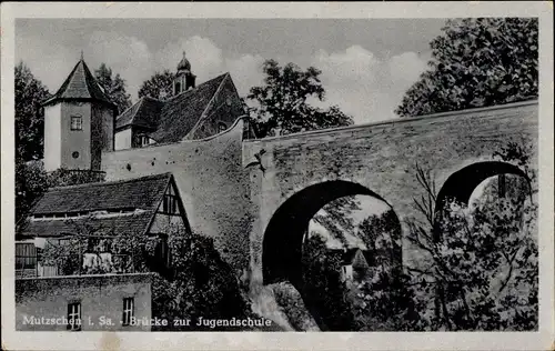 Ak Mutzschen Grimma in Sachsen, Brücke zur Jugendschule