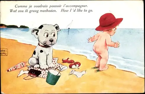 Künstler Ak Wills, John, Kind am Strand, Hund