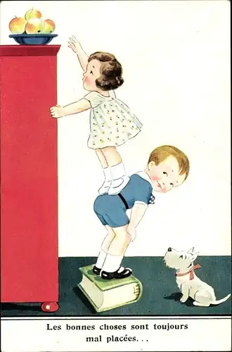 Künstler Ak Wills, John, Mädchen steht auf dem Rücken eines Jungen, Obstschale, Hund