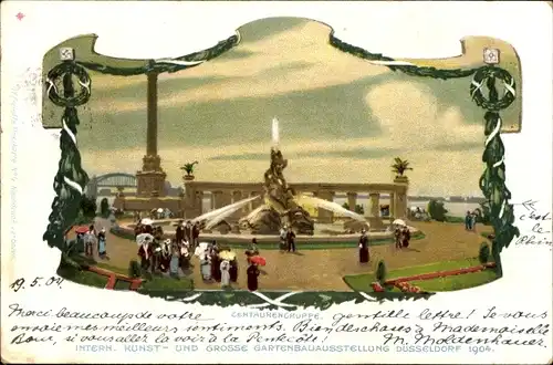 Passepartout Litho Düsseldorf am Rhein, Kunst- und Gartenbauausstellung 1904, Centaurengruppe