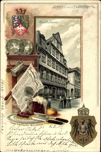 Präge Wappen Litho Frankfurt am Main, Goethehaus, Frankfurter Würstchen