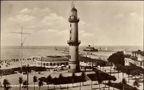 Ak Ostseebad Warnemünde Rostock, Leuchtturm und Teepavillon
