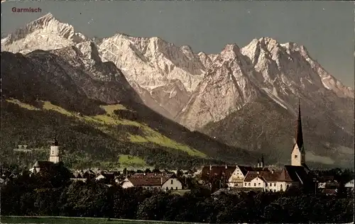 Ak Garmisch Partenkirchen in Oberbayern, Panorama, Kirche