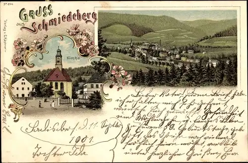 Litho Schmiedeberg Dippoldiswalde im Erzgebirge, Totalansicht, Kirche