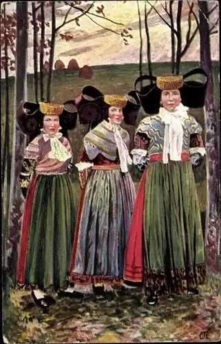 Künstler Ak Trachten aus der Umgebung von Minden und Porta, Frauen