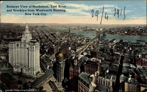 Ak Manhattan New York City USA, East River, Brooklyn, Blick vom Woolworth Building