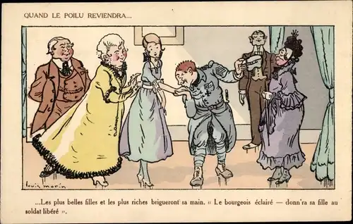 Künstler Ak Morin, L., Französischer Soldat, Begrüßung, Kuss, Soldatenliebe