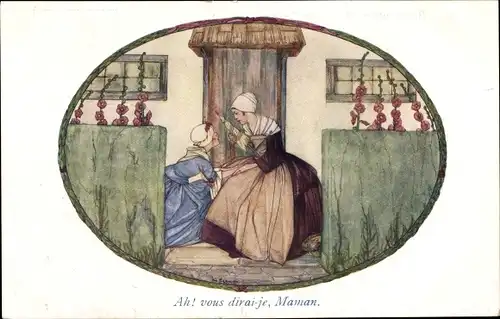 Künstler Ak Cramer, Rie, Bergerette, Hirtenlied, Mutter mit Tochter, Spindel