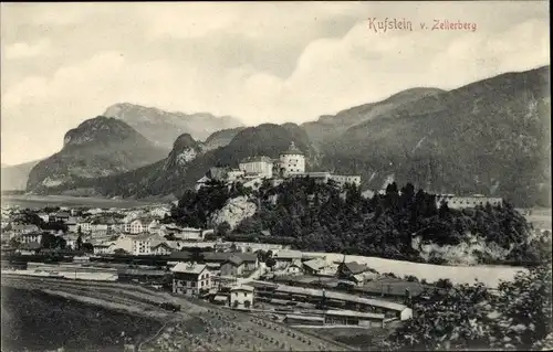 Ak Kufstein in Tirol, Blick vom Zellerberg auf Ort und Schloss