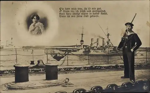 Ak Sie liebt mich treu, sie ist mir gut, deutscher Seemann mit Gewehr, Kriegsschiff, NPG, GLK
