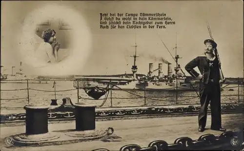 Ak Gebet für den Liebsten in der Ferne, deutscher Seemann mit Gewehr, Kriegsschiff, NPG, GLK