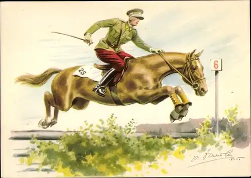 Künstler Ak Tschechoslowakischer Springreiter in Uniform, Pferd