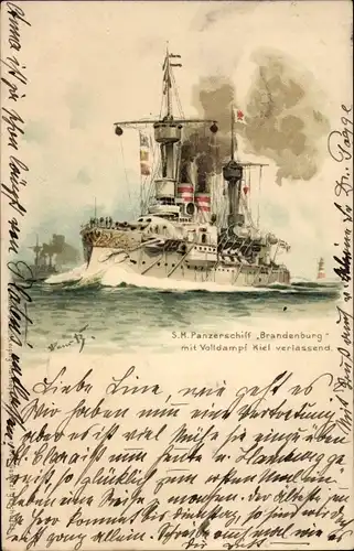 Künstler Litho Bohrdt, Hans, Deutsches Kriegsschiff, SMS Brandenburg, Panzerschiff, Kiel