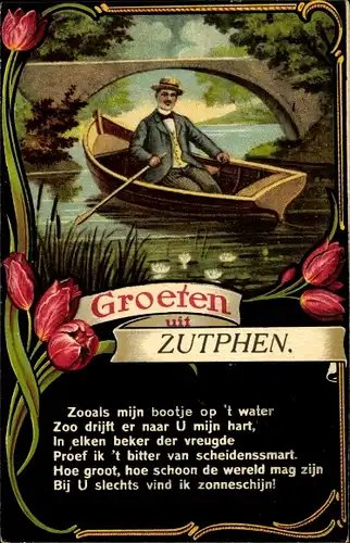 Ak Zutphen Gelderland, Mann im Ruderboot, Tulpen