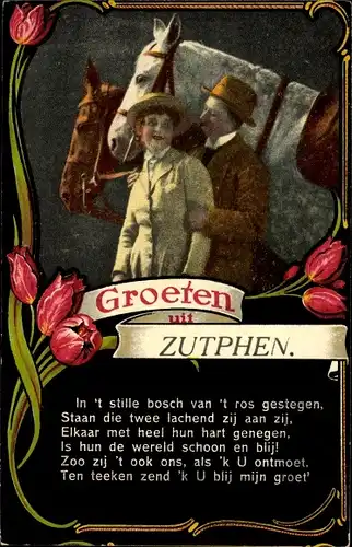 Ak Zutphen Gelderland, Liebespaar, Pferde, Tulpen