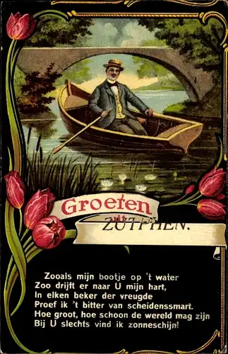 Ak Zutphen Gelderland, Mann im Ruderboot, Tulpen