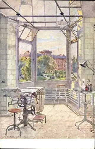 Künstler Ak Wien 9 Alsergrund Österreich, Staatsbeamtenspital, Ausblick vom Operationsraum