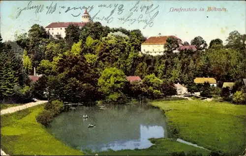 Ak Grabštejn Grafenstein Chotyně Ketten Reg. Reichenberg, Teich, Schloss