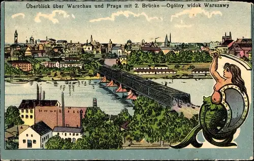 Ak Warszawa Warschau Polen, Praga, 2. Brücke, Meerjungfrau