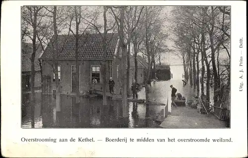 Ak Kethel Schiedam Südholland Niederlande, Überschwemmung, Bauernhof