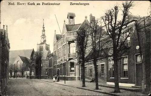 Ak Zevenbergen Nordbrabant, Ned. Herv. Kerk, Postkantoor