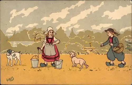 Künstler Ak Kinder in niederländischen Trachten, Wasserträgerin, Hunde
