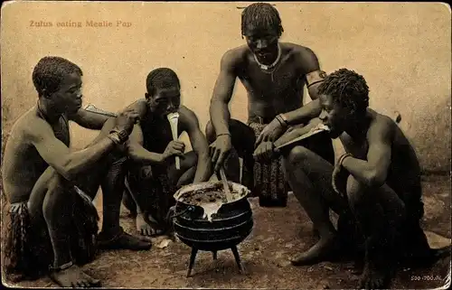 Ak Zulu beim Essen, Kessel, Afrika, Volkstypen